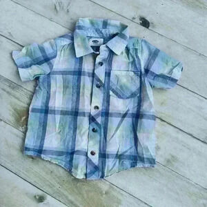 Old Navy Toddler Boys Plaid Button Up Flannel Shirt Short Sleeve Size 3T Blue